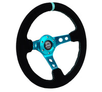 Thumbnail for NRG Reinforced Steering Wheel (350mm/ 3in. Deep) Black Suede/ Teal Center Mark/ Teal Stitching