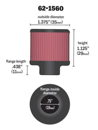 Thumbnail for K&N 0.75 inch ID 1.375 inch OD 1.125 inch H Clamp On Crankcase Vent Filter