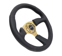 Thumbnail for NRG Reinforced Steering Wheel (350mm / 2.5in. Deep) Leather Race Comfort Grip w/4mm Gold Spokes