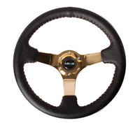 Thumbnail for NRG Reinforced Steering Wheel (350mm / 3in. Deep) Blk Leather/Red BBall Stitch w/4mm Gold Spokes