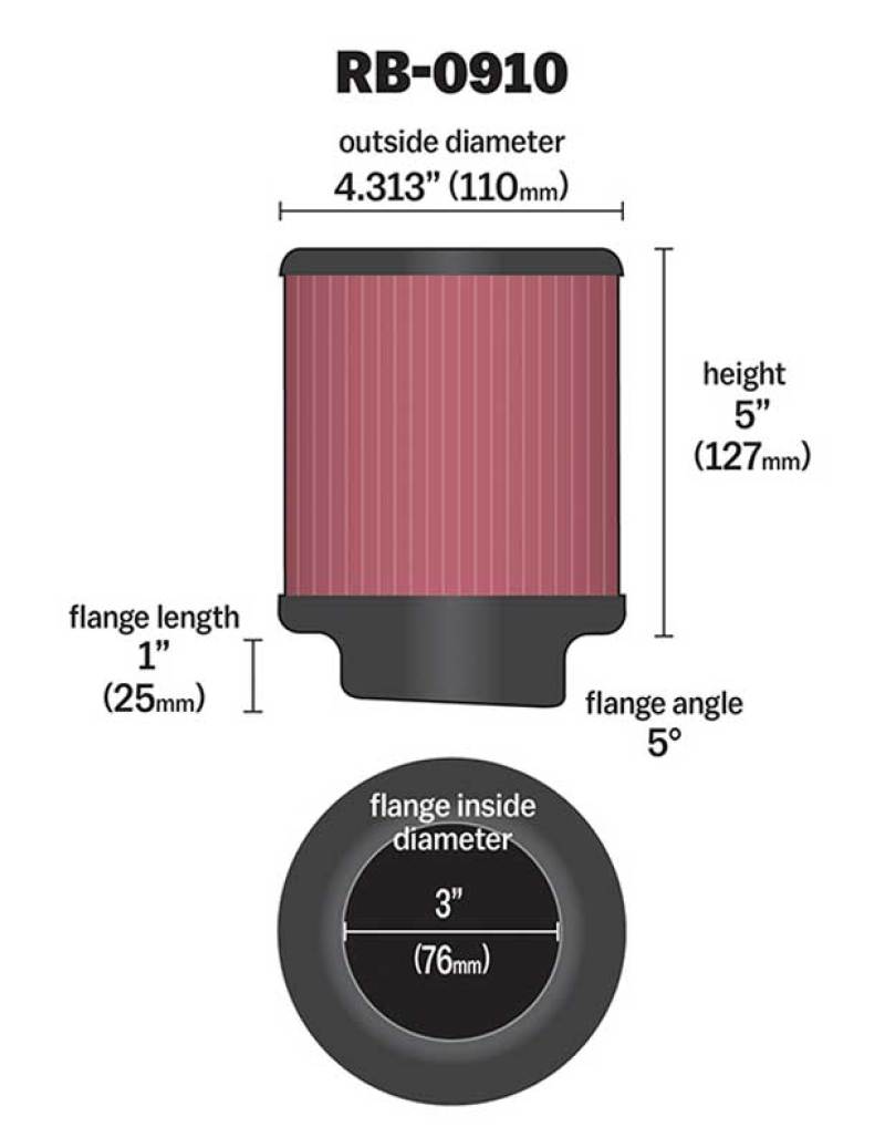 K&N Universal Rubber Filter 3 inch 5 Degree FLG 4 1/2 inch OD 5 inch Height