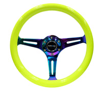 Thumbnail for NRG Classic Wood Grain Steering Wheel (350mm) Neon Yellow Color w/Neochrome Spokes