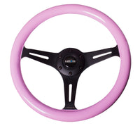 Thumbnail for NRG Classic Wood Grain Steering Wheel (350mm) Solid Pink Painted Grip w/Black 3-Spoke Center