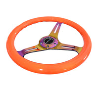 Thumbnail for NRG Classic Wood Grain Steering Wheel (350mm) Neon Orange Color w/Neochrome Spokes