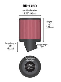 Thumbnail for K&N Filter Universal Rubber Round Straight Filter 20 Deg Angled 2-7/16in Flange 3-3/4in OD 4in H