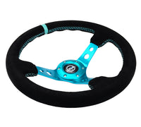 Thumbnail for NRG Reinforced Steering Wheel (350mm/ 3in. Deep) Black Suede/ Teal Center Mark/ Teal Stitching