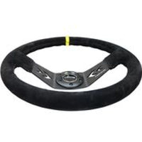 Thumbnail for NRG Reinforced Steering Wheel (350mm / 3in. Deep) Blk Suede w/NRG Arrow Cut 2-Spoke & Yellow Mark