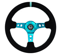 Thumbnail for NRG Reinforced Steering Wheel (350mm/ 3in. Deep) Black Suede/ Teal Center Mark/ Teal Stitching