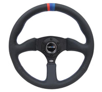 Thumbnail for NRG Reinforced Steering Wheel (350mm / 2.5in Deep) Blk Leather w/M3 stitch Matte Blk 3-Spoke Center