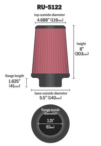 Thumbnail for K&N Filter Universal Rubber Filter 3.25  Flange 5.5 Base 4.6875 Top 8 Height