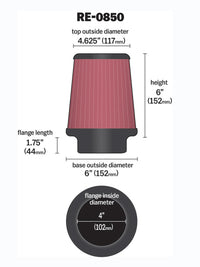 Thumbnail for K&N Universal Air Filter (4in. Flange / 6in. Base OD / 4-5/8in. Top OD / 6in. Height)