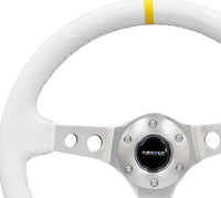 Thumbnail for NRG Reinforced Steering Wheel (350mm / 3in. Deep) Wht Leather w/Silver Spoke & Single Yellow Mark