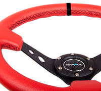 Thumbnail for NRG Reinforced Steering Wheel (350mm / 3in. Deep) Red Suede w/Blk Circle Cutout Spokes