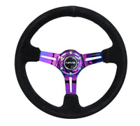 Thumbnail for NRG Reinforced Steering Wheel (350mm / 3in. Deep) Blk Suede/Blk Stitch w/Neochrome Slits