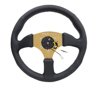 Thumbnail for NRG Reinforced Steering Wheel (350mm / 2.5in. Deep) Leather Race Comfort Grip w/4mm Gold Spokes