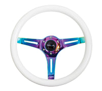 Thumbnail for NRG Classic Wood Grain Steering Wheel (350mm) Glow-N-The-Dark Green Grip w/Neochrome 3-Spoke Center