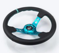 Thumbnail for NRG Reinforce Steering Wheel (350mm / 3in. Deep) Blk Leather, Teal Center Mark w/ Teal Stitching