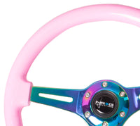 Thumbnail for NRG Classic Wood Grain Steering Wheel (350mm) Solid Pink Painted Grip w/Neochrome 3-Spoke Center