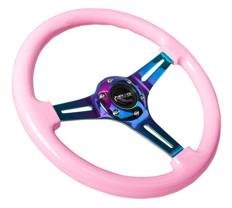 NRG Classic Wood Grain Steering Wheel (350mm) Solid Pink Painted Grip w/Neochrome 3-Spoke Center