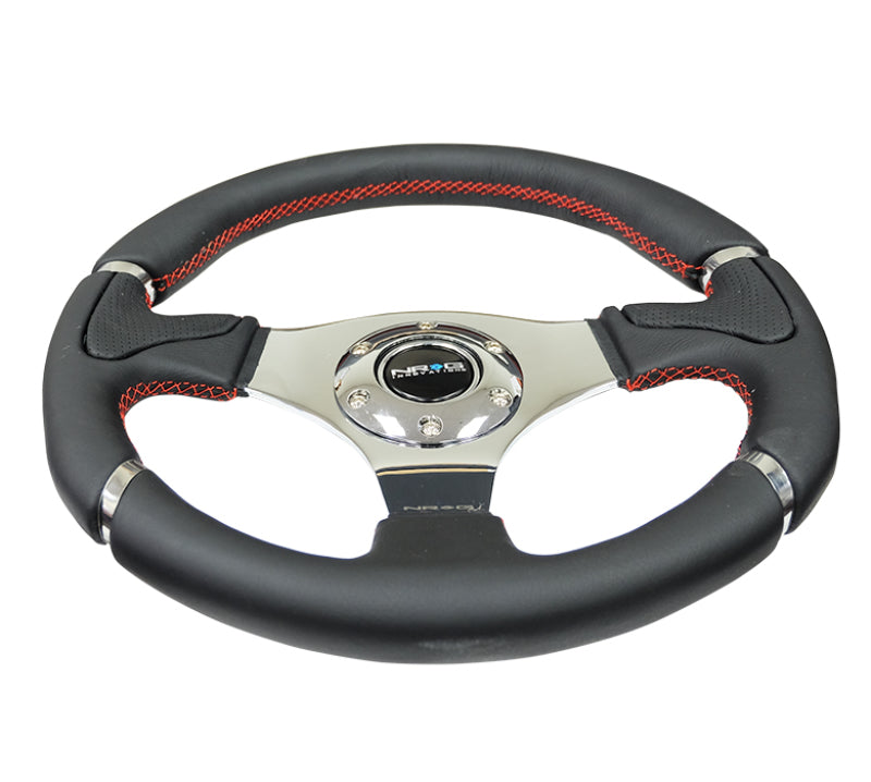 NRG Reinforced Steering Wheel (320mm) Blk Leather/Red Stitching w/Chrome 3-Spoke Center