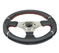 Thumbnail for NRG Reinforced Steering Wheel (320mm) Blk Leather/Red Stitching w/Chrome 3-Spoke Center