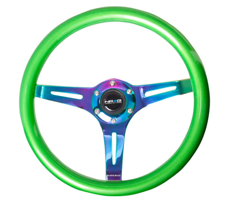 NRG Classic Wood Grain Steering Wheel (350mm) Green Pearl/Flake Paint w/Neochrome 3-Spoke Center