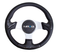 Thumbnail for NRG Carbon Fiber Steering Wheel (350mm) Silver Frame Blk Stitching w/Rubber Cover Horn Button