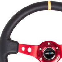 Thumbnail for NRG Reinforced Steering Wheel (350mm / 3in. Deep) Blk Leather w/Red Spokes & Sgl Yellow Center Mark