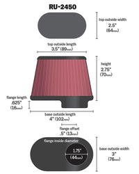 Thumbnail for K&N Univ Clamp-On Air Filter - 1-3/4in FLG O/S 4in X 3in B 3in X 2in T 2-3/4inH OVAL