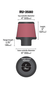 Thumbnail for K&N Filter Universal Rubber Filter 3 Inch Flange 6 inch Base 4 inch Top 5 inch Height