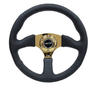 Thumbnail for NRG Reinforced Steering Wheel (350mm / 2.5in. Deep) Leather Race Comfort Grip w/4mm Gold Spokes