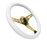 Thumbnail for NRG Classic Wood Grain Steering Wheel (350mm) White Grip w/Chrome Gold 3-Spoke Center