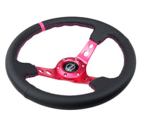 Thumbnail for NRG Reinforced Steering Wheel (350mm/3in. Deep) Black Leather/ Fushia Center Mark/ Fushia Stitching