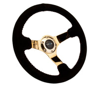 Thumbnail for NRG Reinforced Steering Wheel (350mm / 3in. Deep) Blk Suede w/Red BBall Stitch & Chrome Gold 3-Spoke