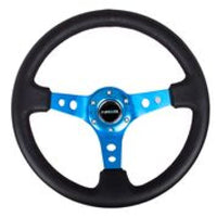 Thumbnail for NRG Reinforced Steering Wheel (350mm / 3in. Deep) Blk Leather w/Blue Circle Cutout Spokes